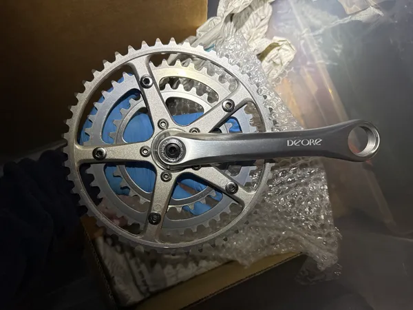 First gen Shimano Deore triple crankset square taper silver with pedal adapters - FC-DE30 48/40/30 - 165mm - Image 1